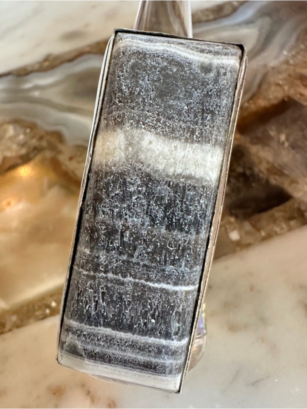 2519 Stunning Silver and Black Zebra Calcite Stone Statement Ring